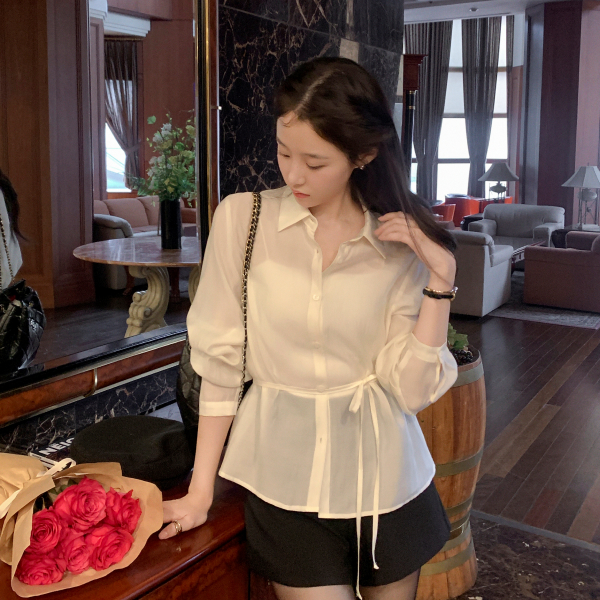 타이 스트랩 텐셀 카라 블라우스 bs8501 - 메인 이미지