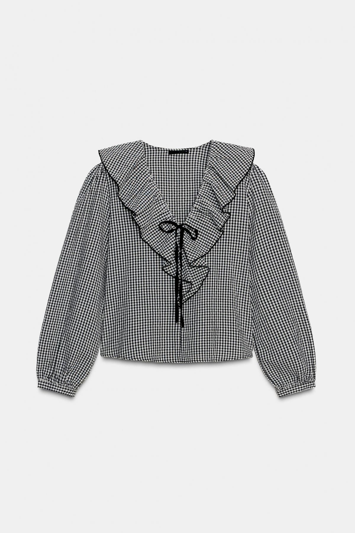 자라 러플 체크 브이넥 블라우스 5029/181 BLACK / ECRU - 메인 이미지