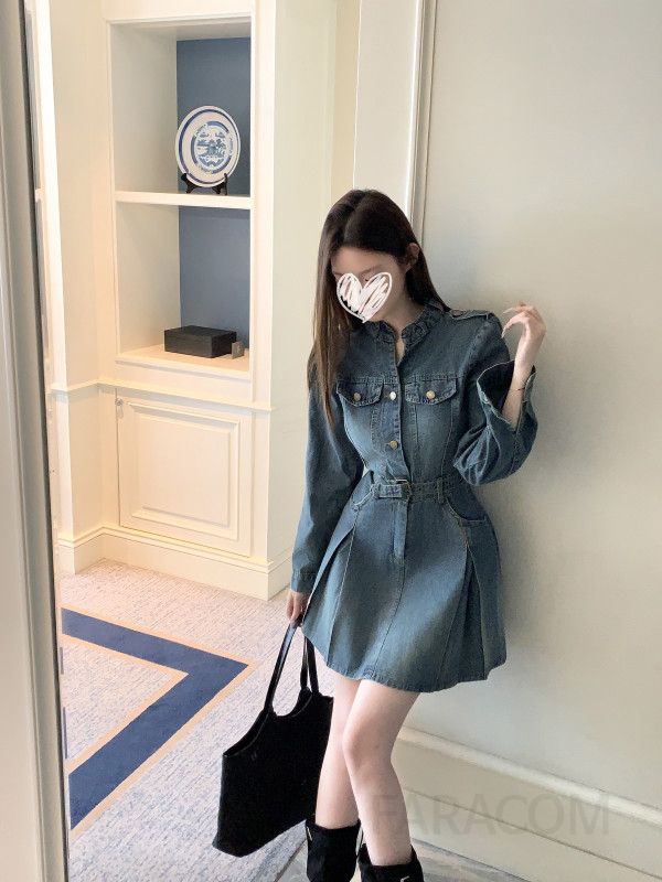 여성 가을 카라 벨티드 데님 롱 원피스 A라인 퍼프소매 워싱 청 셔츠 드레스 - 상세 이미지 4