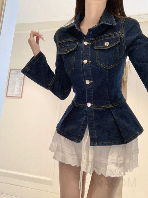 여성 워싱 데님 청자켓 카라넥 슬림핏 허리 플레어 라인 버튼업 봄 가을 캐주얼 아우터 - 상세 이미지 4