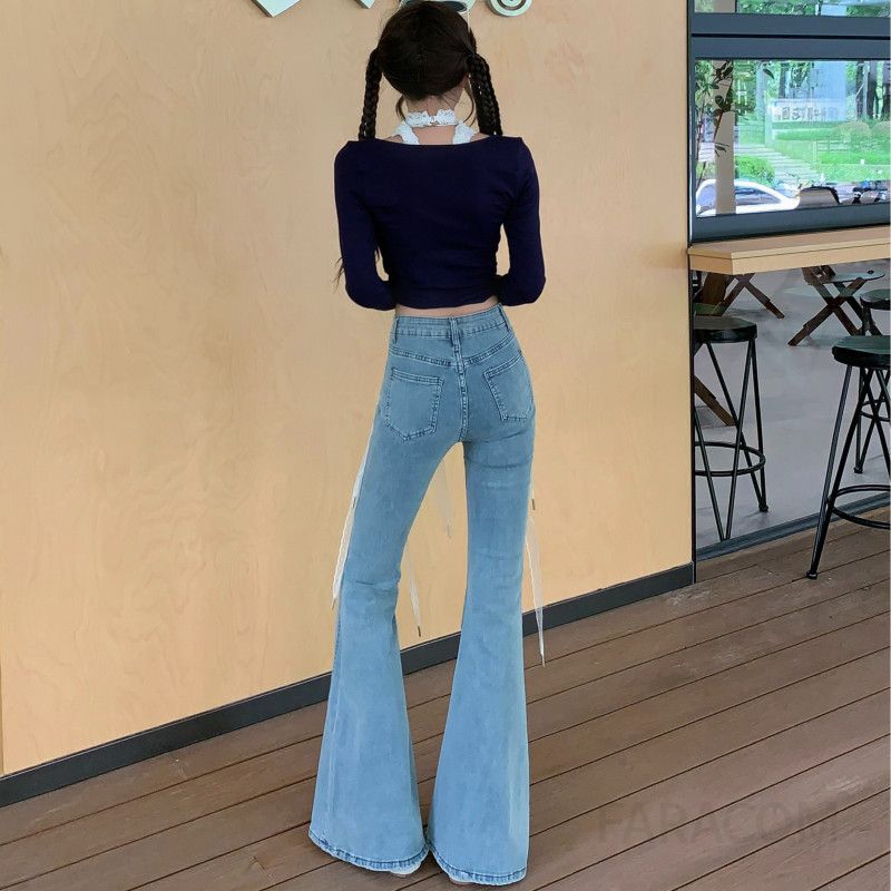 여성 슬림 플레어 부츠컷 청바지 데님 스타일 레이스 스트랩 디테일 봄가을 패션 편안한 착용감 니치한 핫걸 스타일링 - 상세 이미지 5