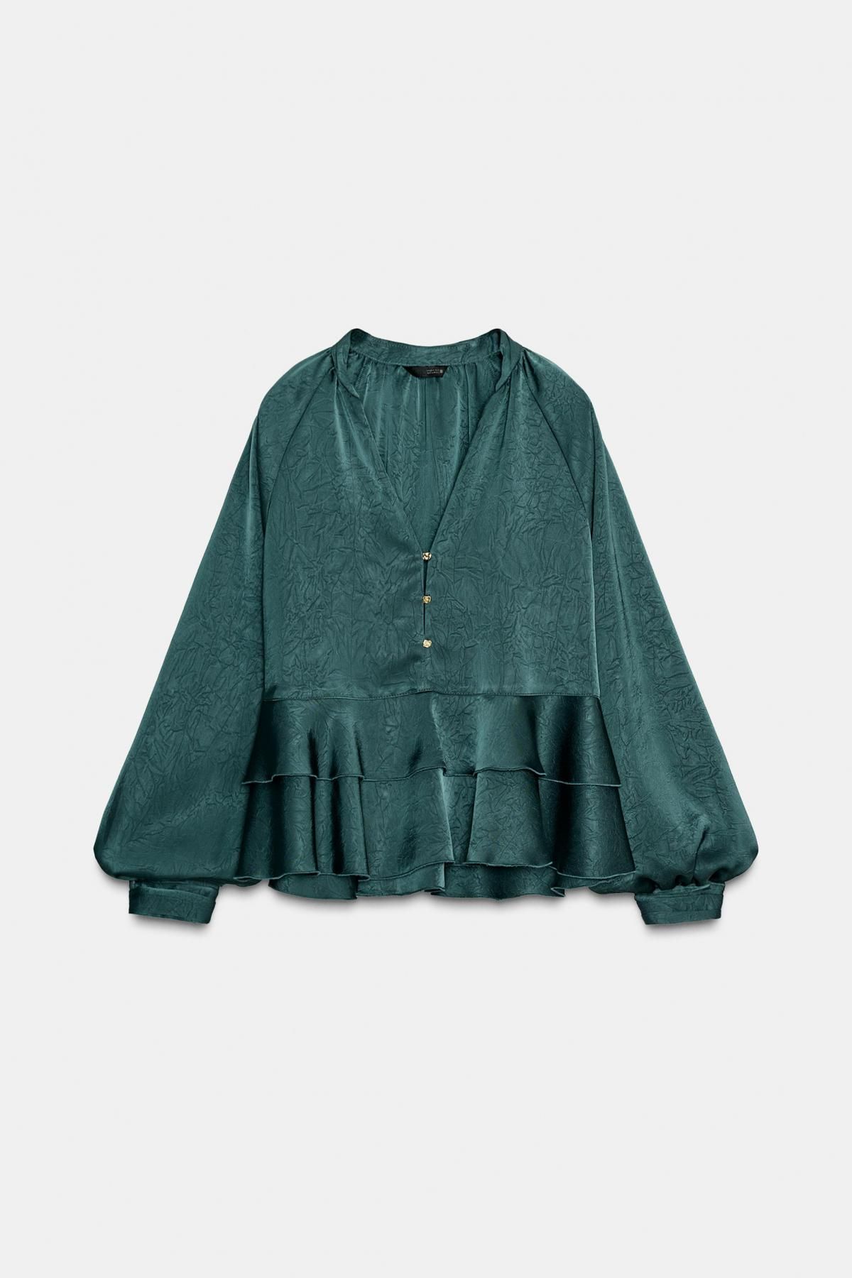 자라 러플 브이넥 메탈버튼 긴팔 블라우스 7969/245 DUCK GREEN - 메인 이미지