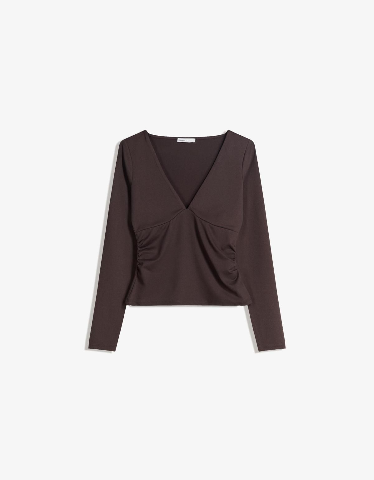 버쉬카 트렌디 브이넥 셔링 긴팔 티셔츠 7601/714 BROWN - 상세 이미지 3