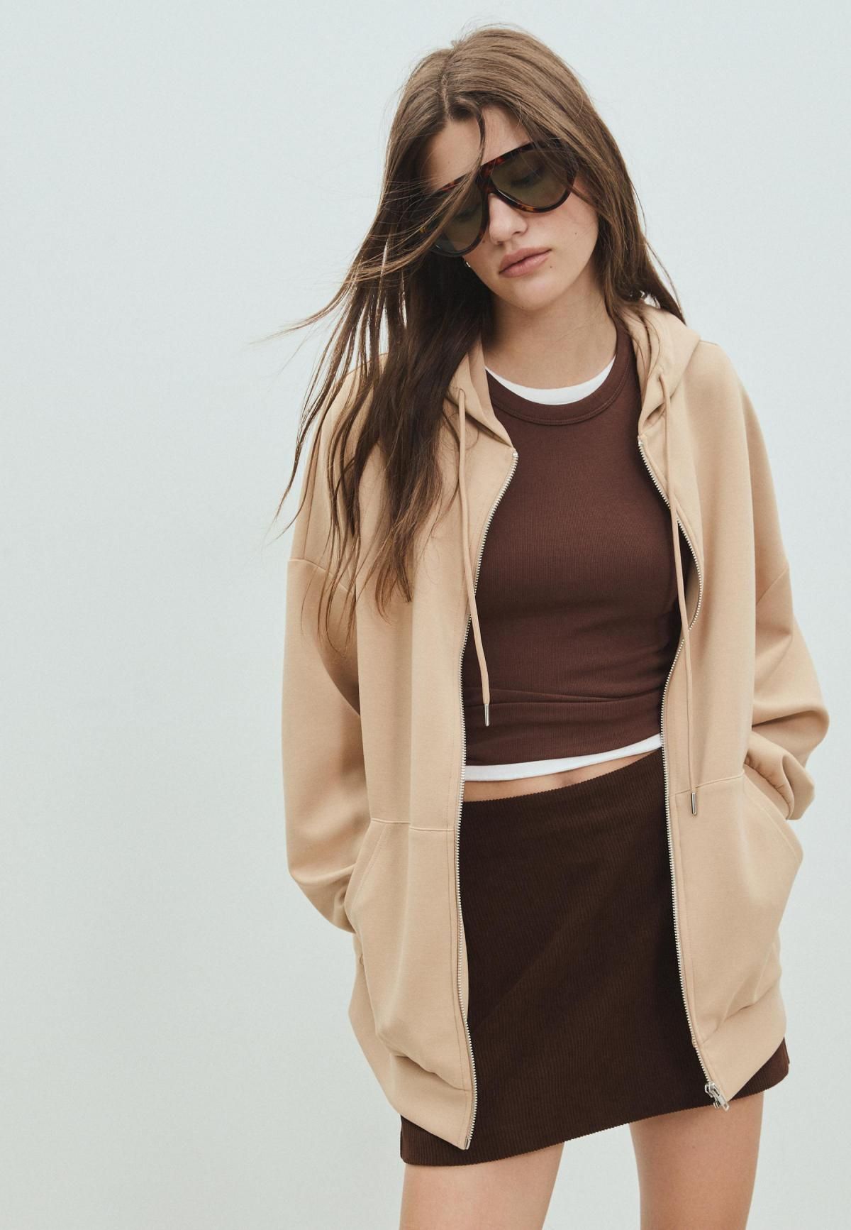 스트라디바리우스 오버핏 베이지 집업 후드티 6513/910 STONE