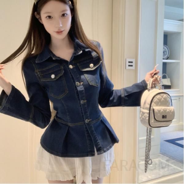 여성 워싱 데님 청자켓 카라넥 슬림핏 허리 플레어 라인 버튼업 봄 가을 캐주얼 아우터 - 메인 이미지