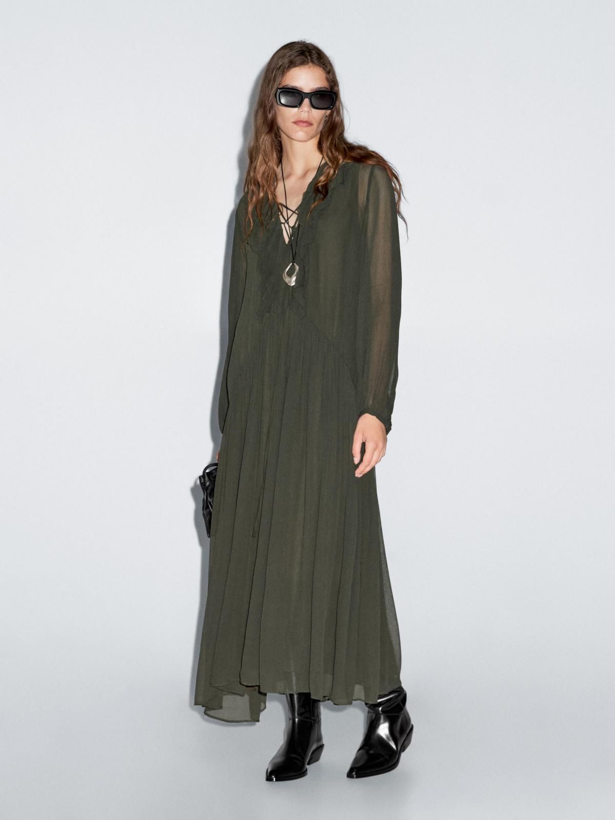 마시모두띠 러플 디테일 쉬폰 롱 플루이드 원피스 6640/505 DARK GREEN - 상품 이미지