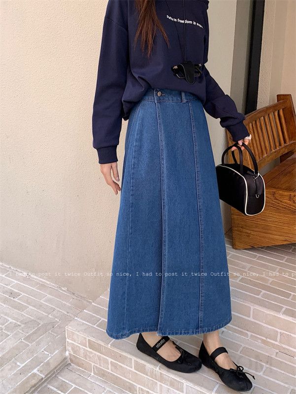 여성 빈티지 워싱 데님 A라인 롱스커트 하이웨스트 미디 데일리 오피스룩 버튼 봄 가을 - 상세 이미지 2