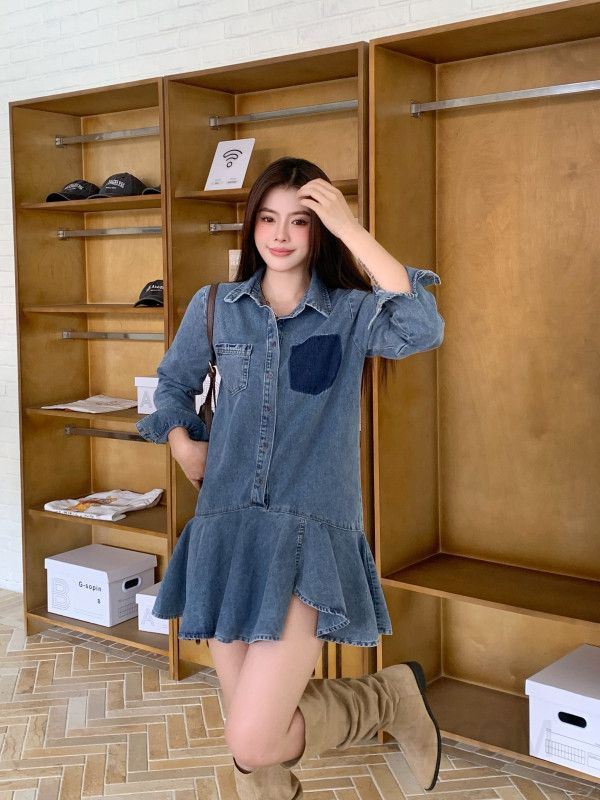 여성 데님 카라넥 셔츠 언발 미니 원피스 A라인 긴팔 롤업 배색 포켓 캐주얼 봄 가을 - 상세 이미지 3