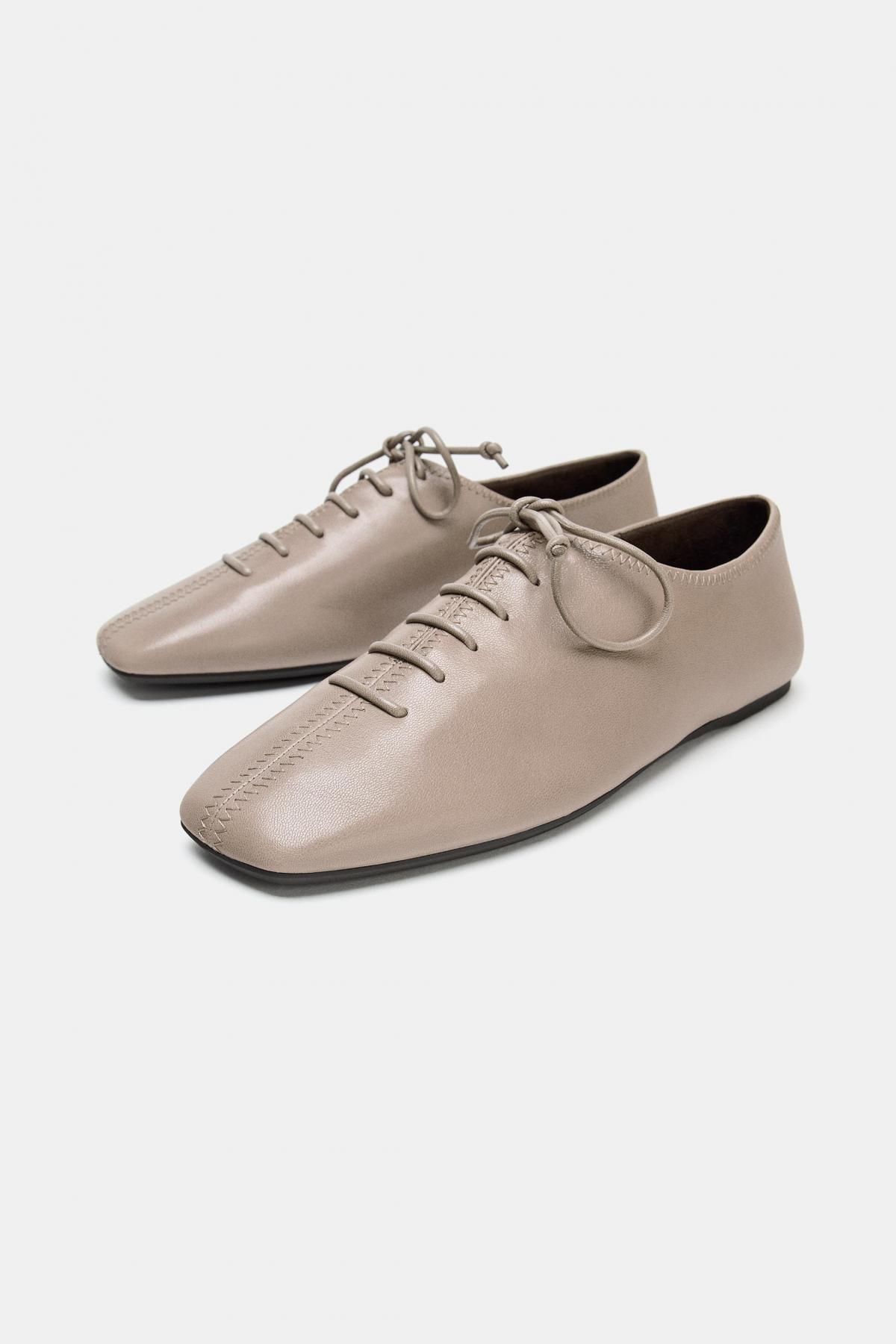 자라 레더 스퀘어토 레이스업 플랫슈즈 1528/610 TAUPE GREY - 상세 이미지 4