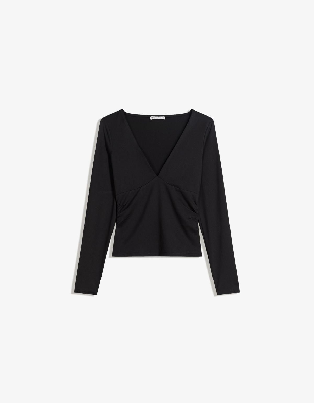 버쉬카 슬림핏 셔링 블랙 긴팔 티셔츠 7601/714 BLACK - 상품 이미지