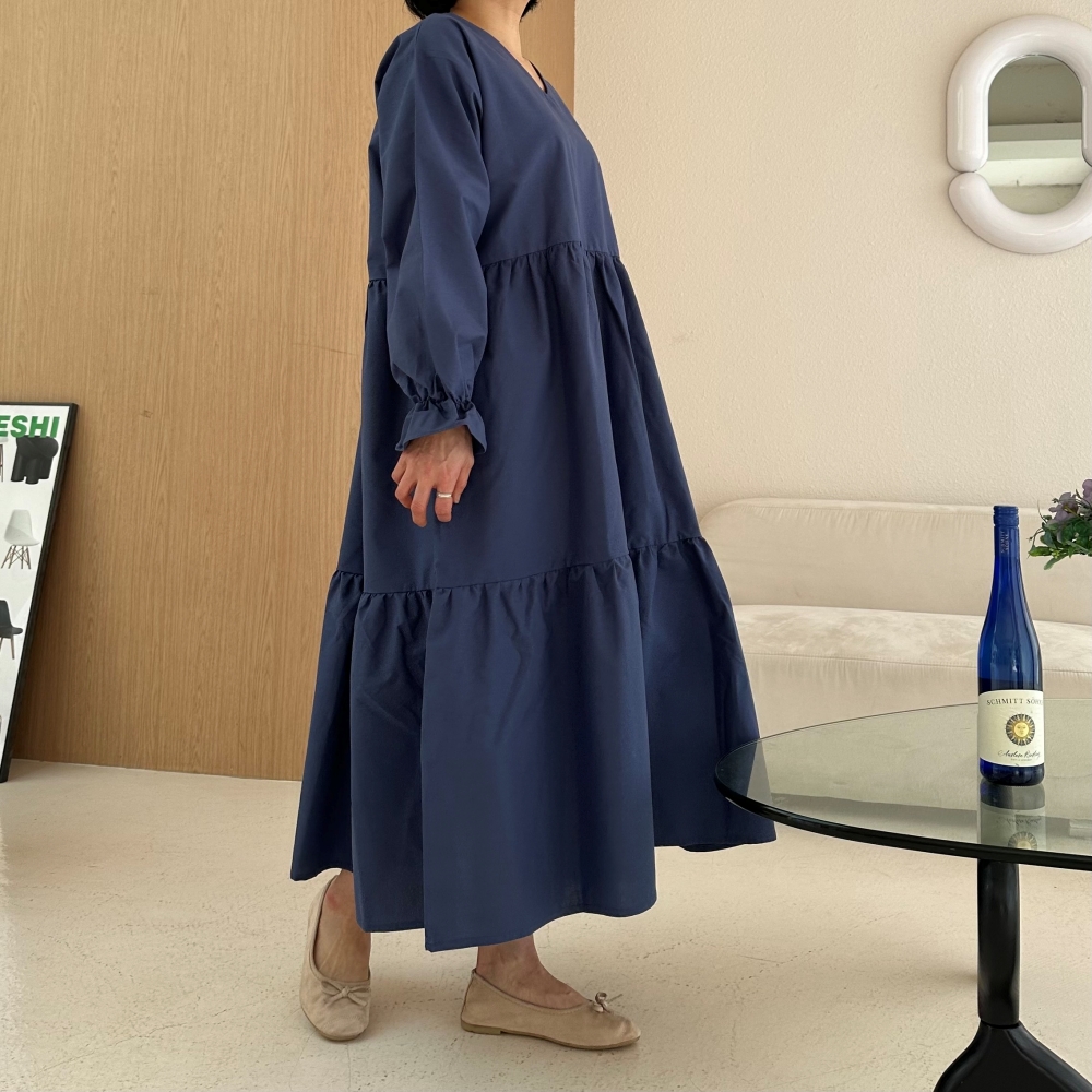 빅사이즈 자체제작 A라인 2단 캉캉 V넥 롱 원피스 긴팔 셔링소매 프릴 하객 정장 오피스