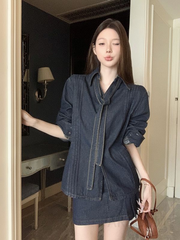 여성 가을 데님 투피스 청청셋업 세련된 자켓과 스커트 모던한 스타일 캐주얼 코디 생지 청세트 - 상세 이미지 2