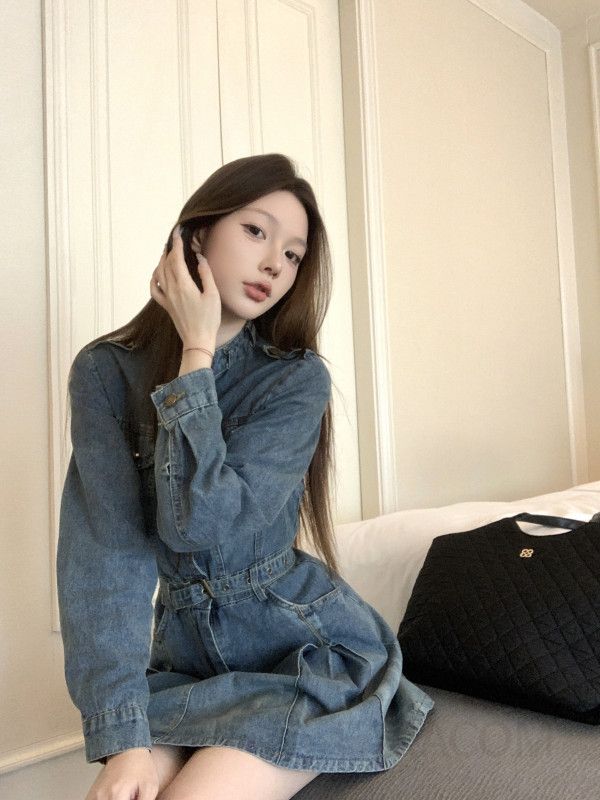 여성 가을 카라 벨티드 데님 롱 원피스 A라인 퍼프소매 워싱 청 셔츠 드레스 - 상세 이미지 5