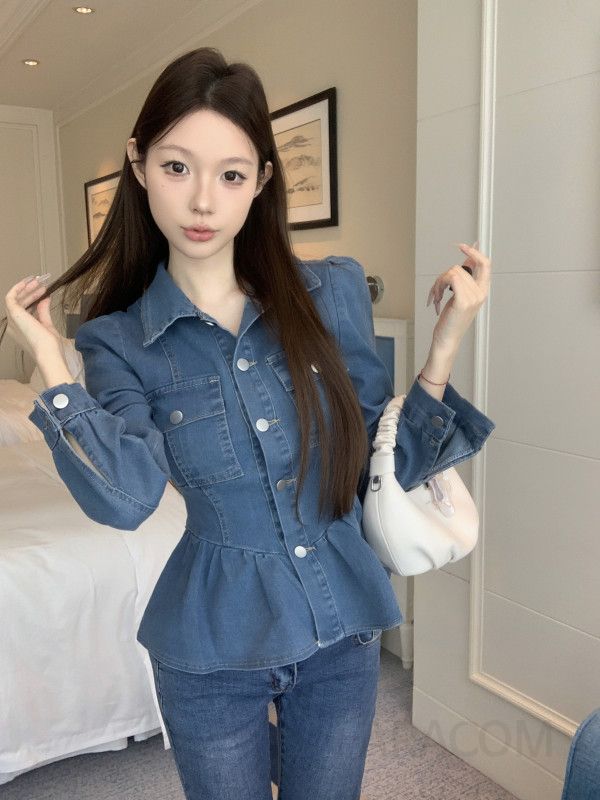 여성 허리라인 슬림핏 워싱 데님 자켓 개더 퍼프소매 긴팔 청자켓 봄 가을 데일리 아우터 - 상세 이미지 2