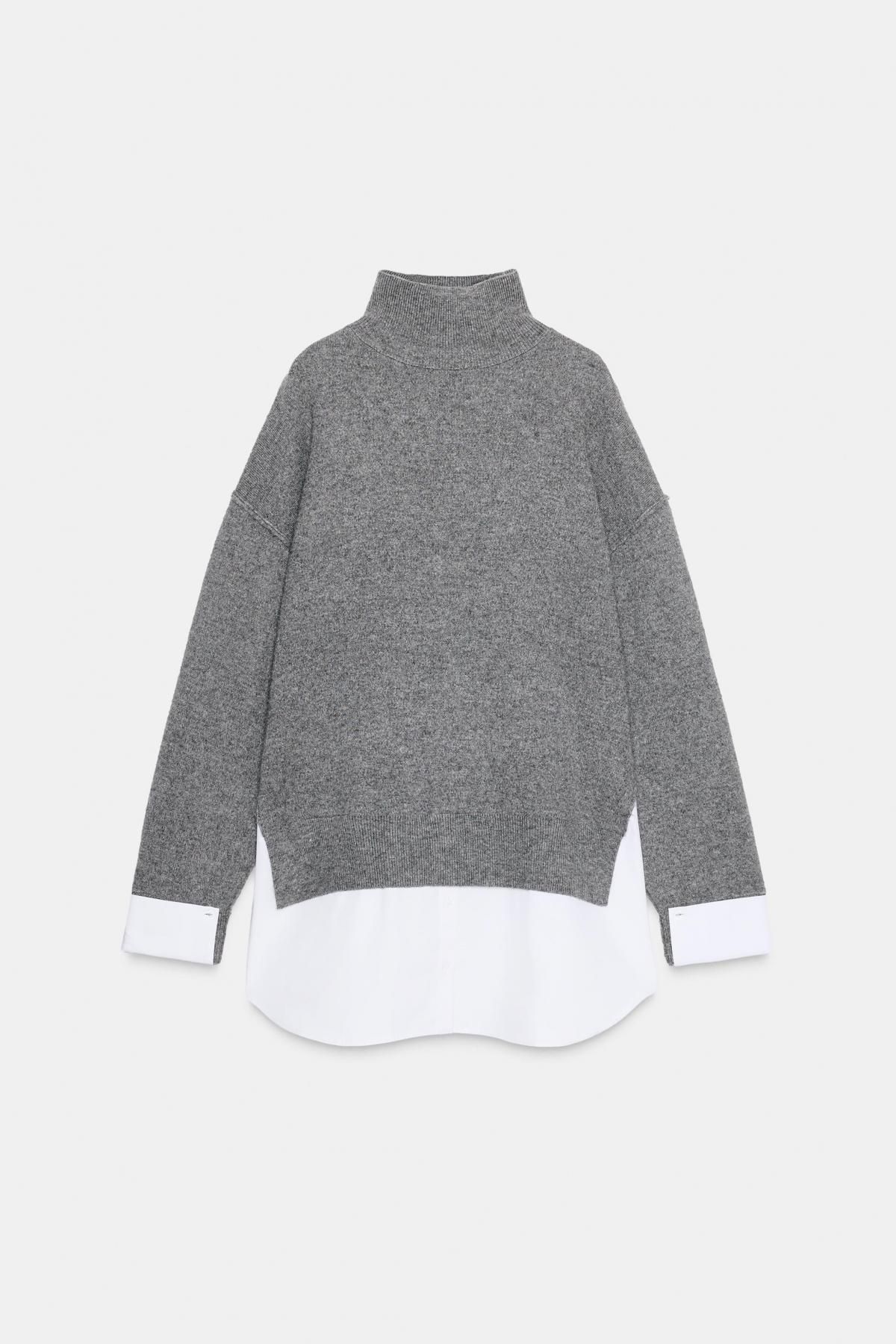 자라 하이넥 포플린 레이어드 니트 스웨터 1957/112 WHITE / GREY - 상품 이미지
