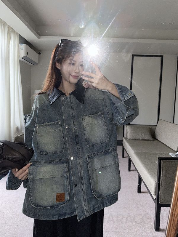 여성 오버핏 루즈핏 데님 청자켓 가을 겨울 스타일리시한 아우터 편안한 착용감 레트로 스플라이싱 라펠 디자인 캐주얼한 데일리룩 - 상세 이미지 2