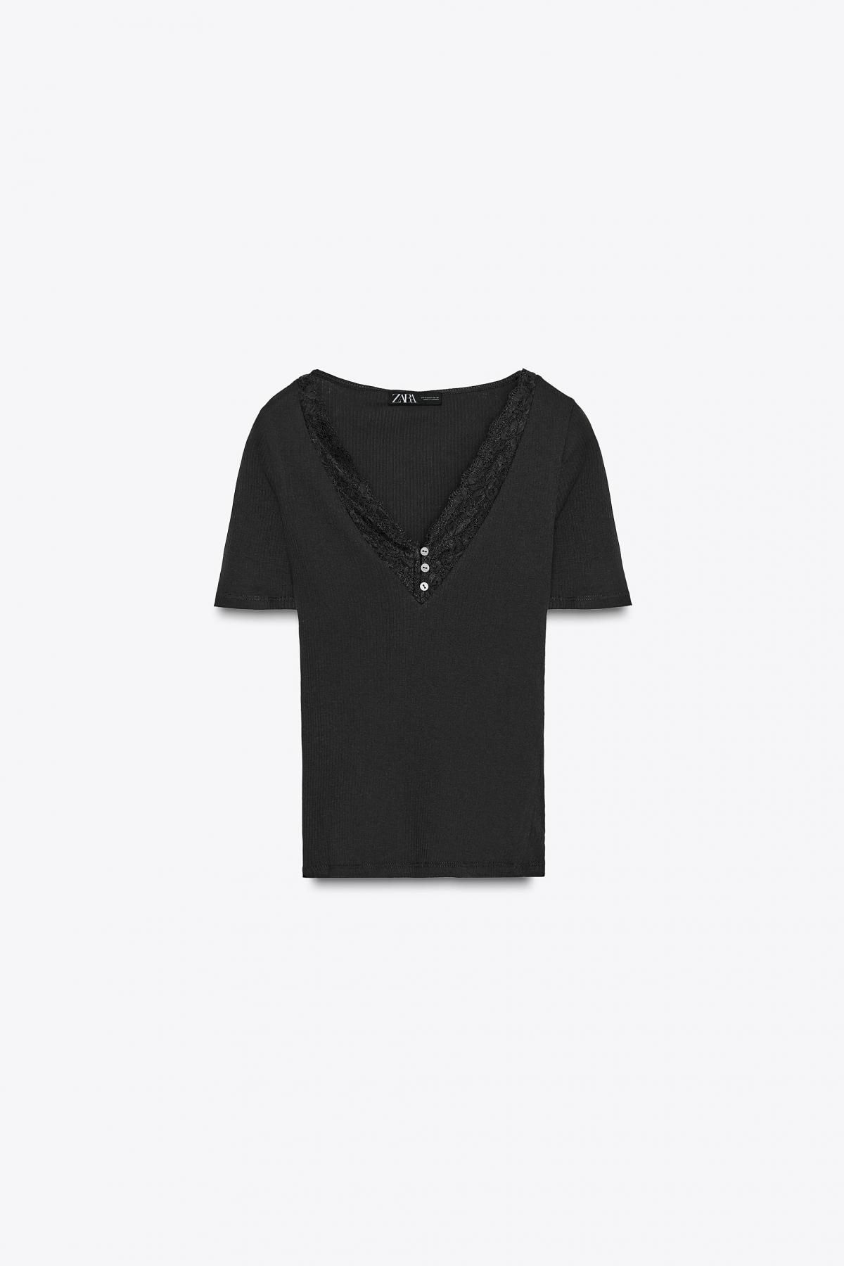 자라 슬림핏 레이스 리브드 브이넥 티셔츠 5644/451 BLACK - 메인 이미지