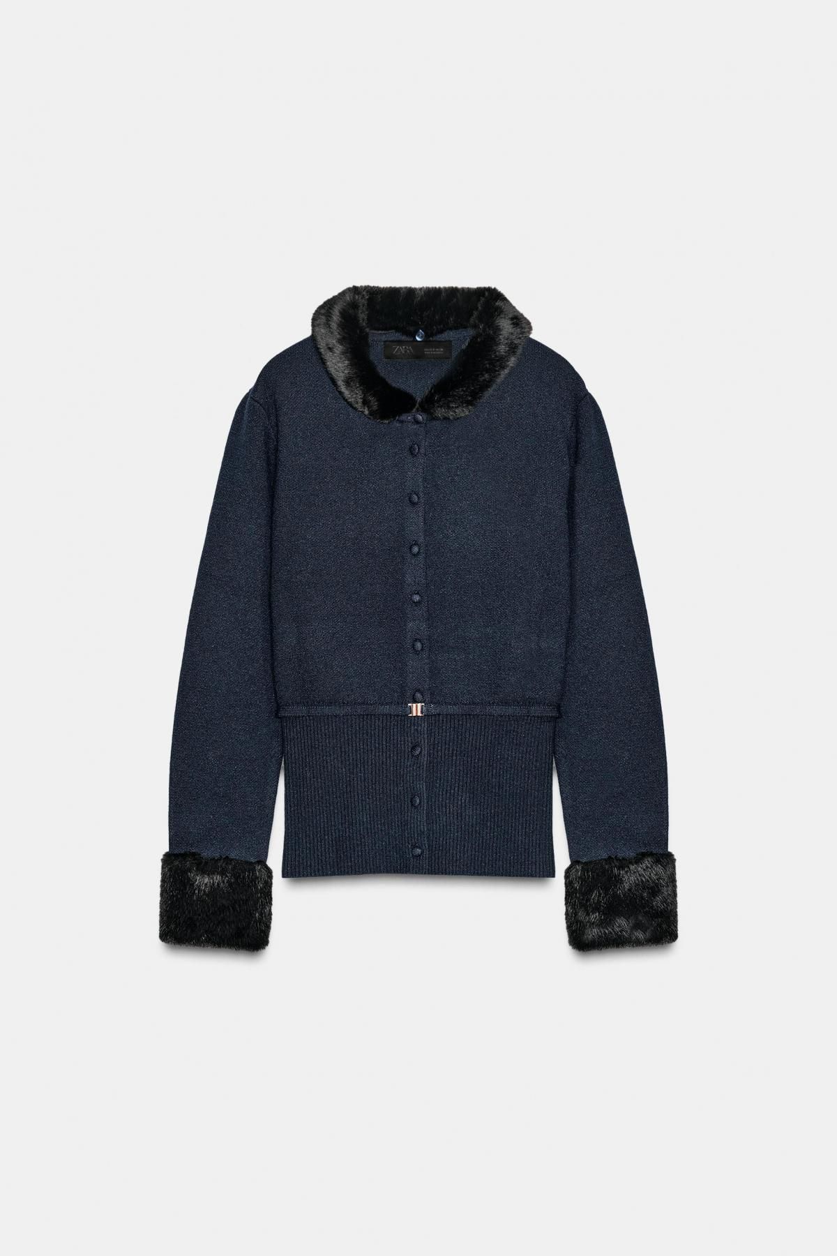 자라 프리미엄 배색 니트 페이크퍼 가디건 2756/128 NAVY BLUE - 상품 이미지
