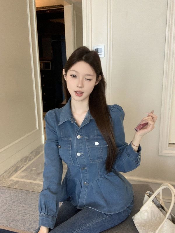 여성 허리라인 슬림핏 워싱 데님 자켓 개더 퍼프소매 긴팔 청자켓 봄 가을 데일리 아우터 - 상세 이미지 5