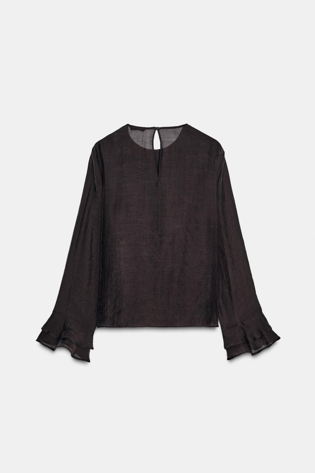 자라 러플 블랙 쉬폰 라운드넥 블라우스 3666/178 DARK BROWN 이미지 7