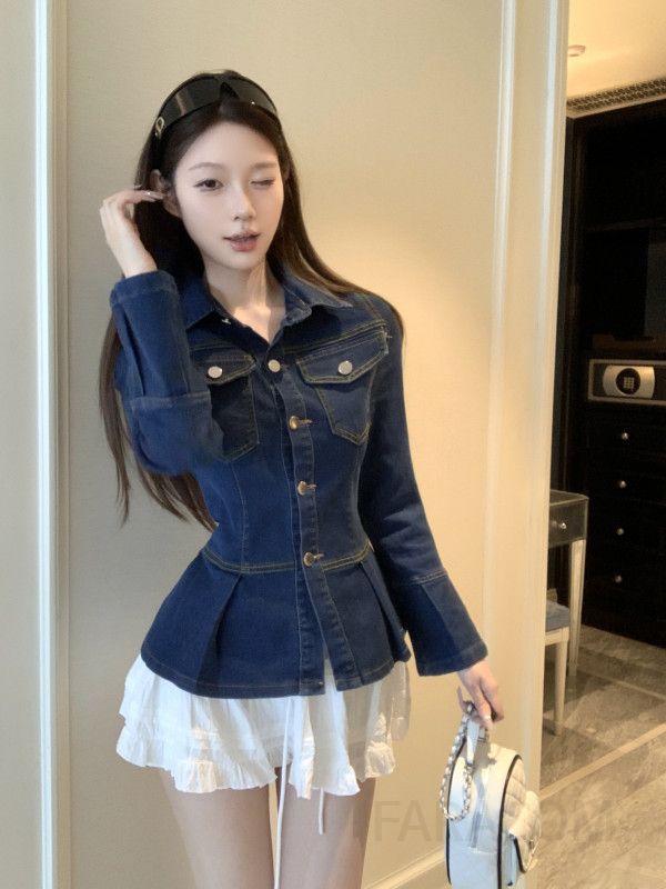 여성 워싱 데님 청자켓 카라넥 슬림핏 허리 플레어 라인 버튼업 봄 가을 캐주얼 아우터 - 상세 이미지 2