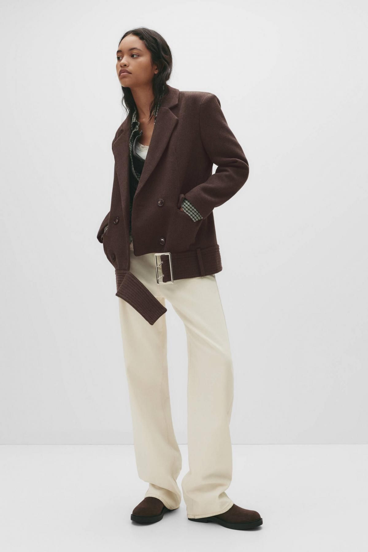 풀앤베어 더블브레스트 브라운 벨트 펠트 숏코트 7800/355 BROWN MARL - 상세 이미지 5