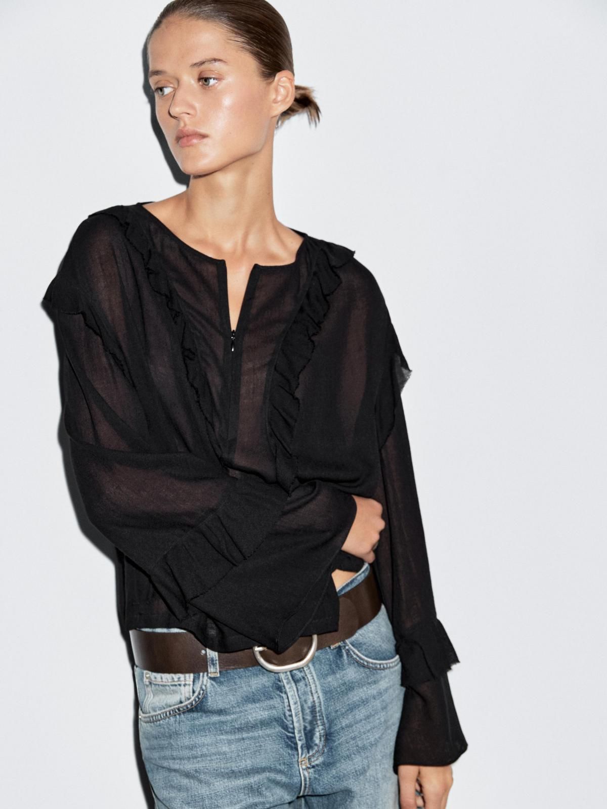 마시모두띠 블랙 집업 시스루 러플 블라우스 5160/960 BLACK - 상품 이미지