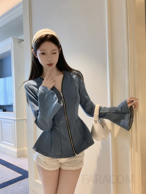 여성 브이넥 워싱 데님 집업 청자켓 플레어 소매 허리라인 슬림핏 캐주얼 데일리 아우터 봄 가을 재킷 - 상세 이미지 4