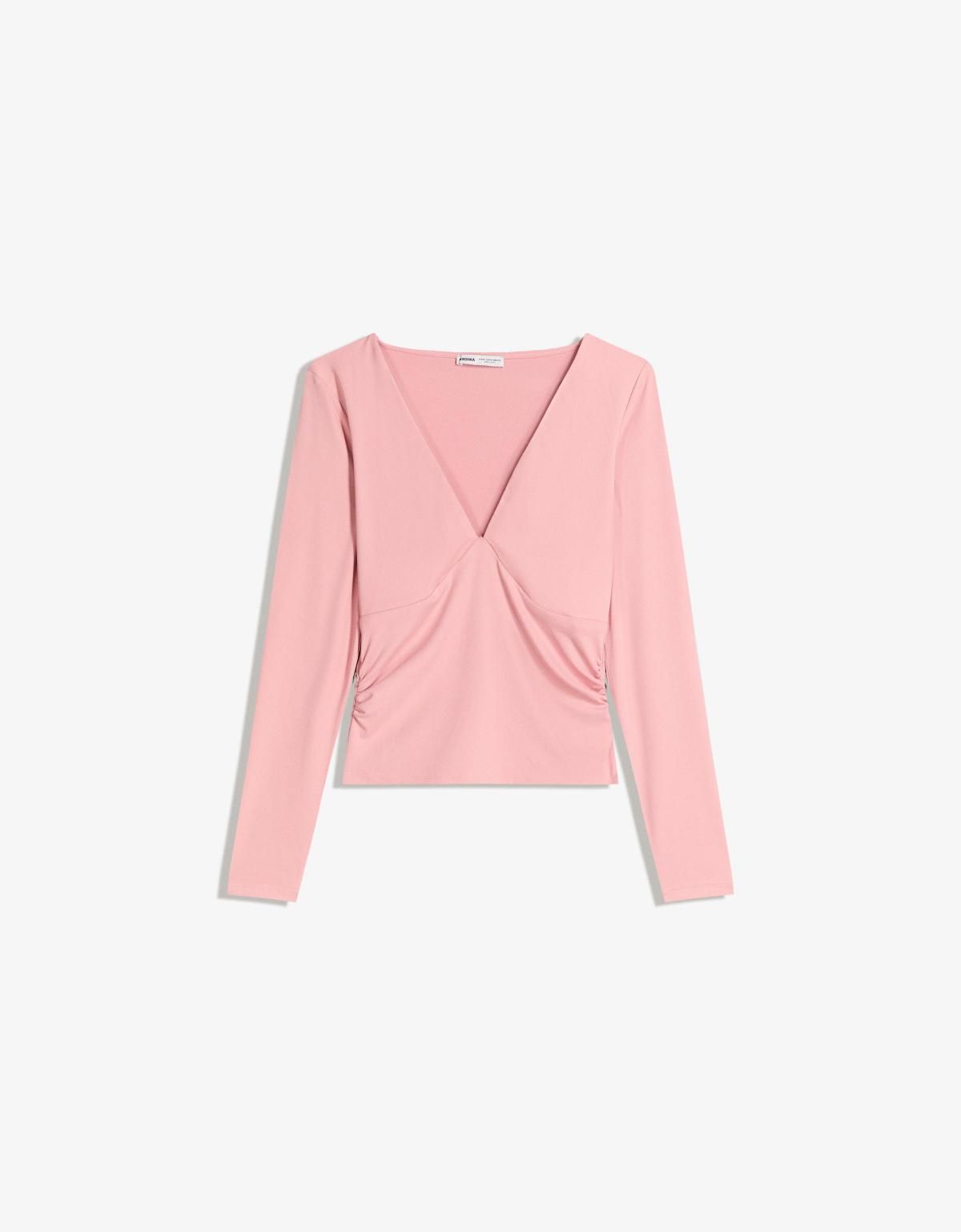 버쉬카 페미닌 셔링 브이넥 긴팔 티셔츠 7601/714 PINK - 상품 이미지