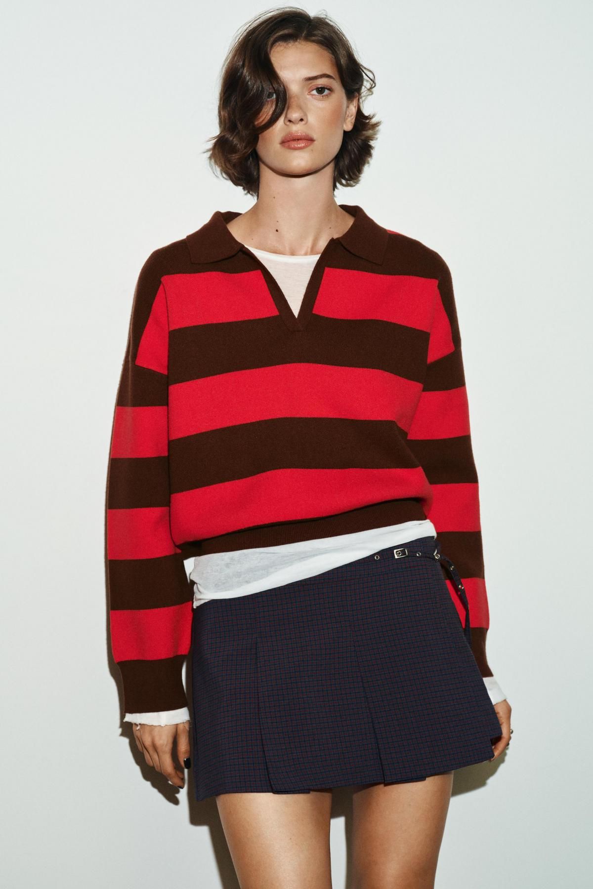자라 체크 플리츠 벨트 스커트 팬츠 3152/523 RED/NAVY - 상세 이미지 3
