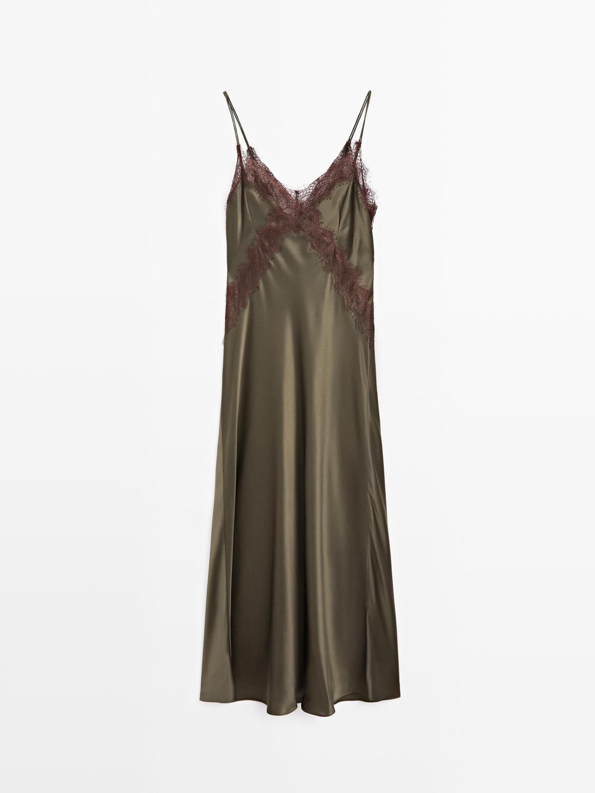 마시모두띠 실크 레이스 스트랩 V넥 롱 슬립 원피스 9107/950 DARK GREEN - 메인 이미지