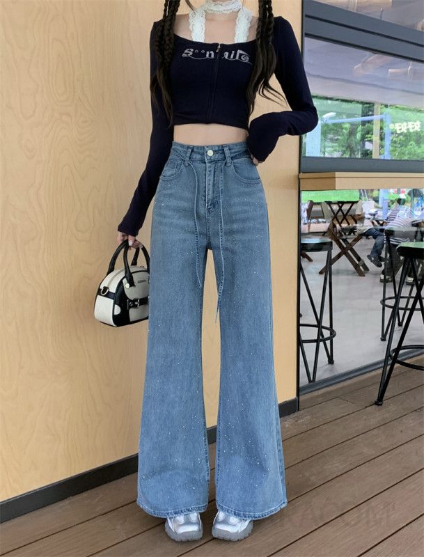 여성 하이웨스트 워싱 큐빅 부츠컷 와이드 데님 팬츠 청바지 빈티지 반짝이 캐주얼 사계절 긴바지 - 상세 이미지 4
