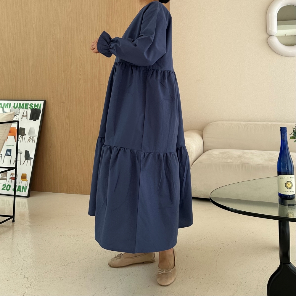 빅사이즈 자체제작 A라인 2단 캉캉 V넥 롱 원피스 긴팔 셔링소매 프릴 하객 정장 오피스