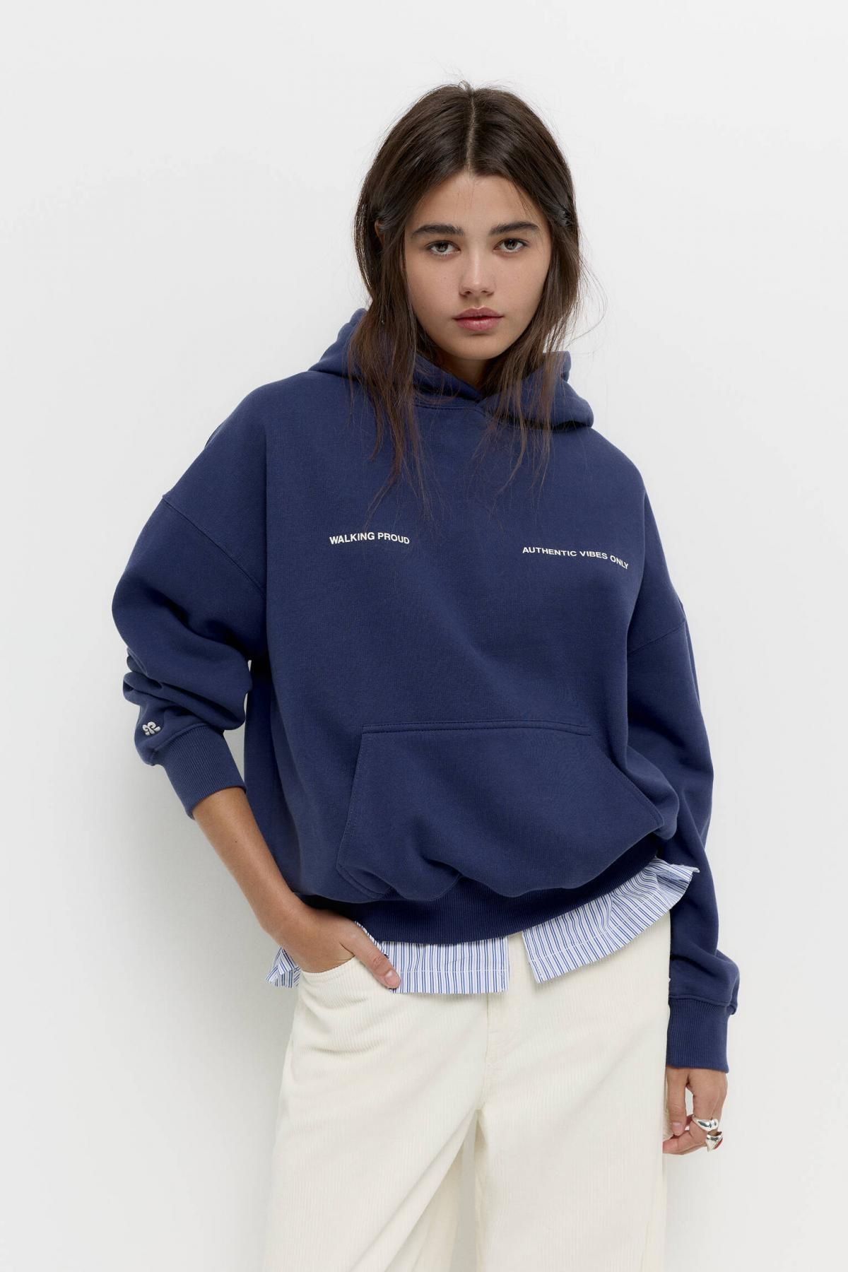 풀앤베어 오버핏 다크블루 코튼블렌드 슬로건 후드티 7560/338 NAVY - 상세 이미지 2