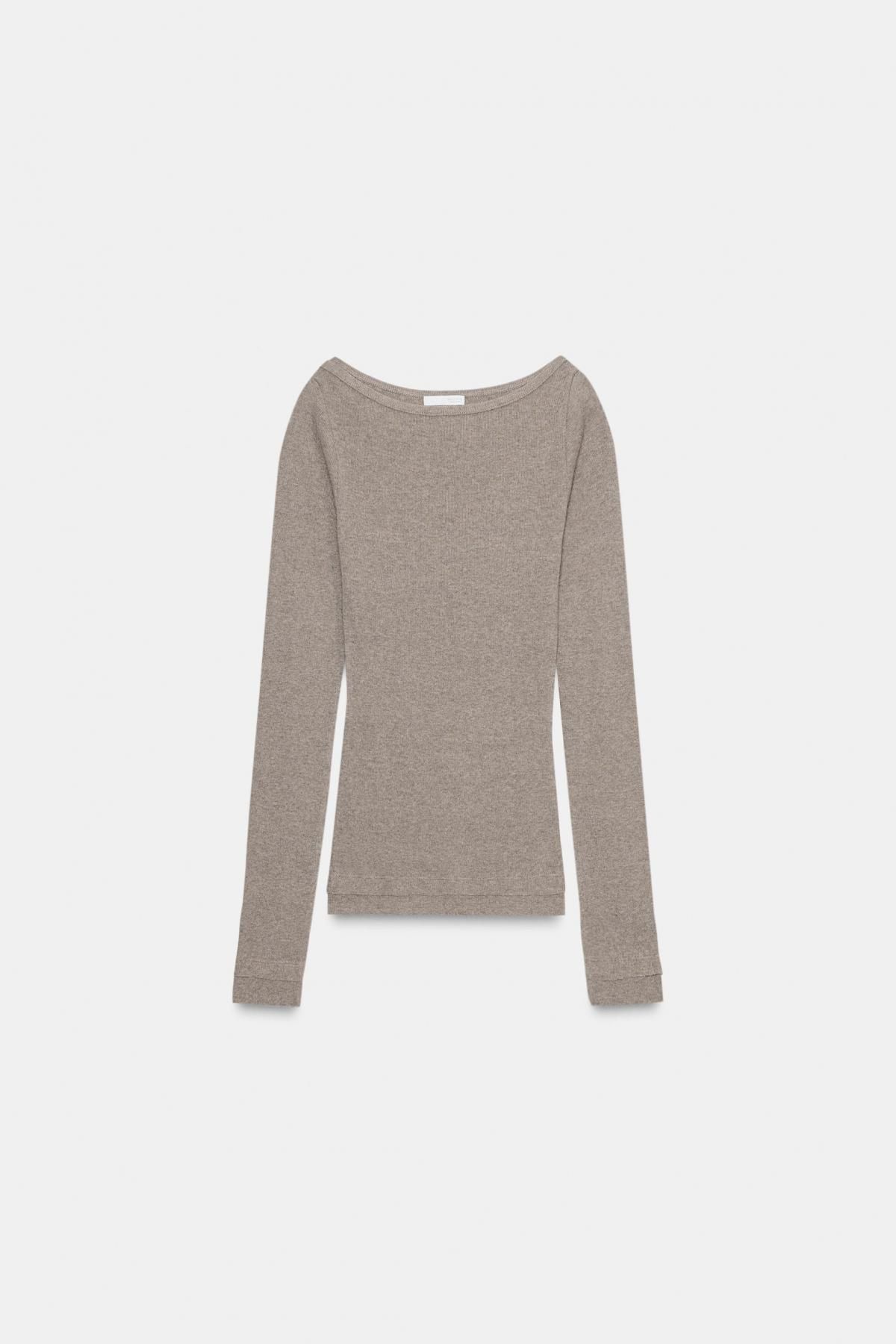 자라 베이직 슬림핏 리브드 보트넥 긴팔 티셔츠 4786/455 KHAKI MARL - 메인 이미지