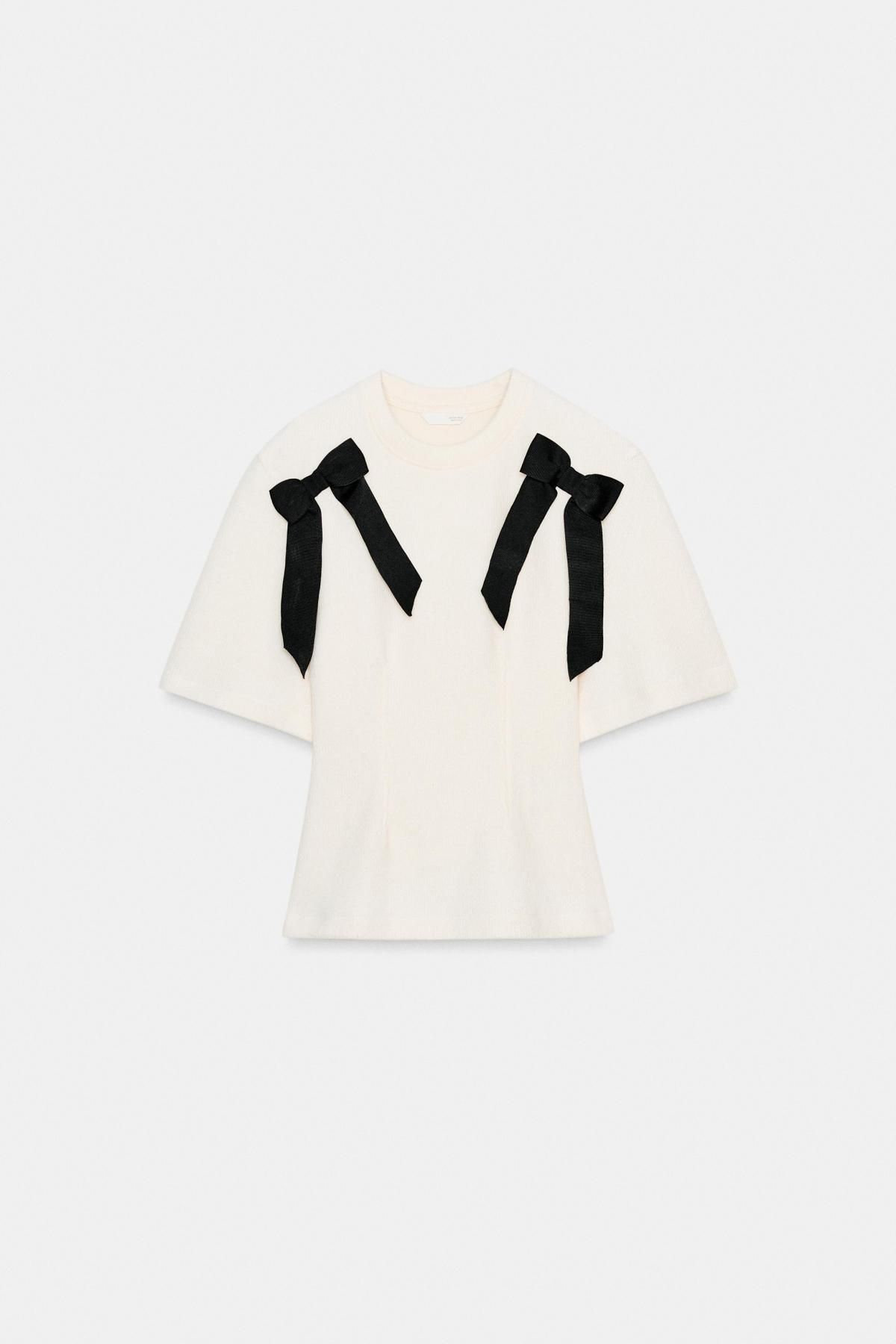 자라 페미닌 리본 라운드넥 반팔 탑 1131/845 OYSTER-WHITE - 메인 이미지
