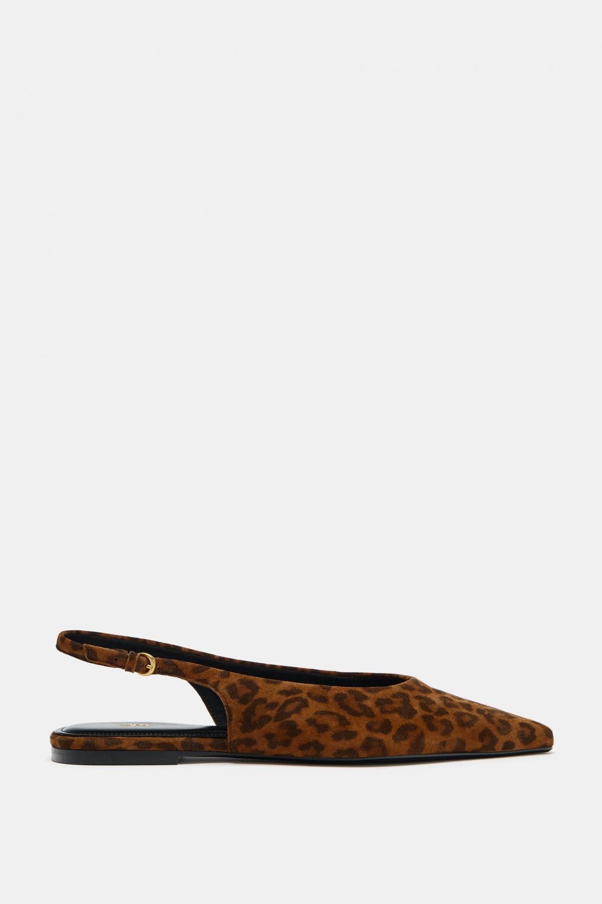 자라 애니멀 프린트 레더 슬링백 플랫슈즈 1555/610 LEOPARD - 메인 이미지