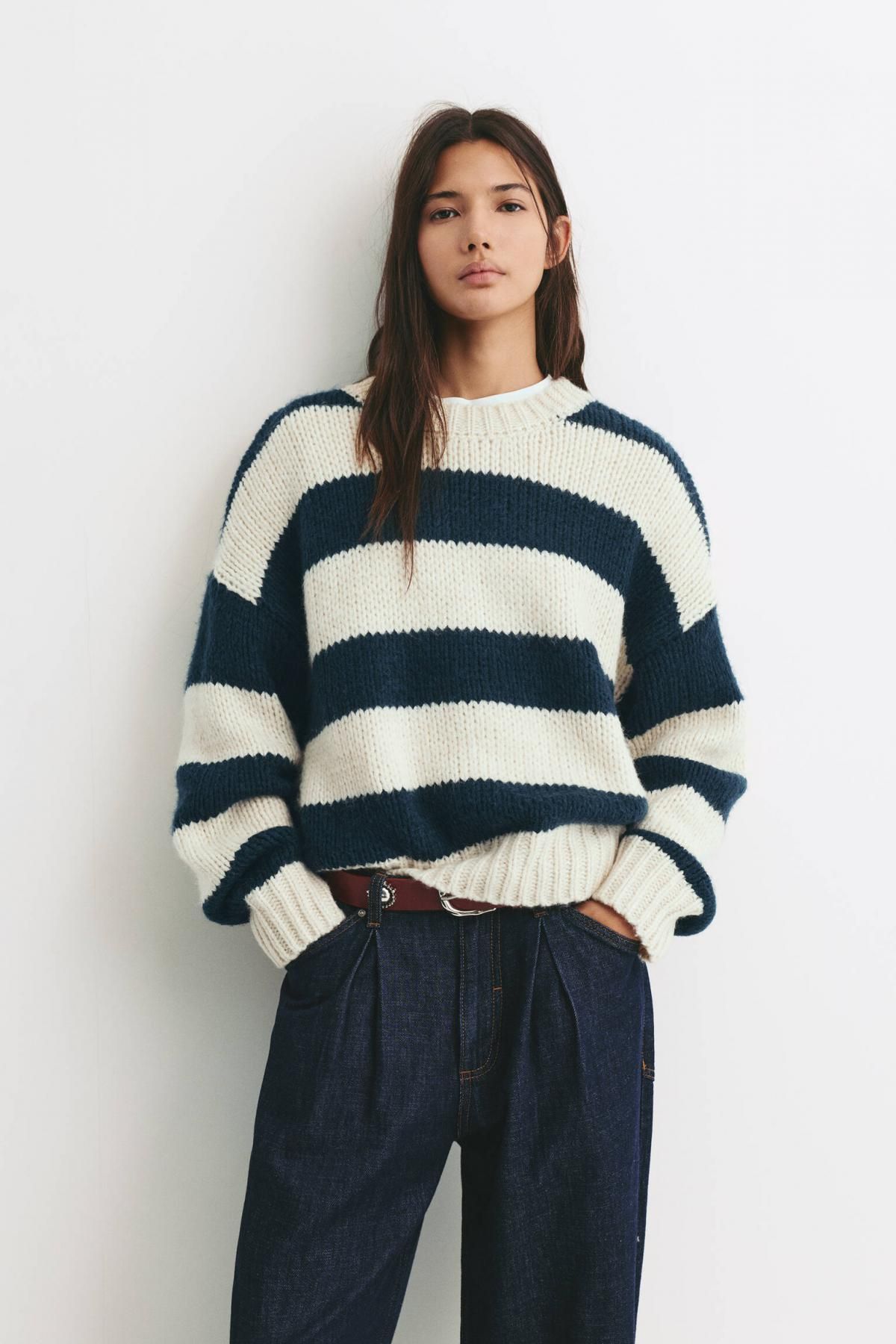 풀앤베어 스트라이프 라운드넥 청키 니트 스웨터 7550/339 NAVY - 상세 이미지 3