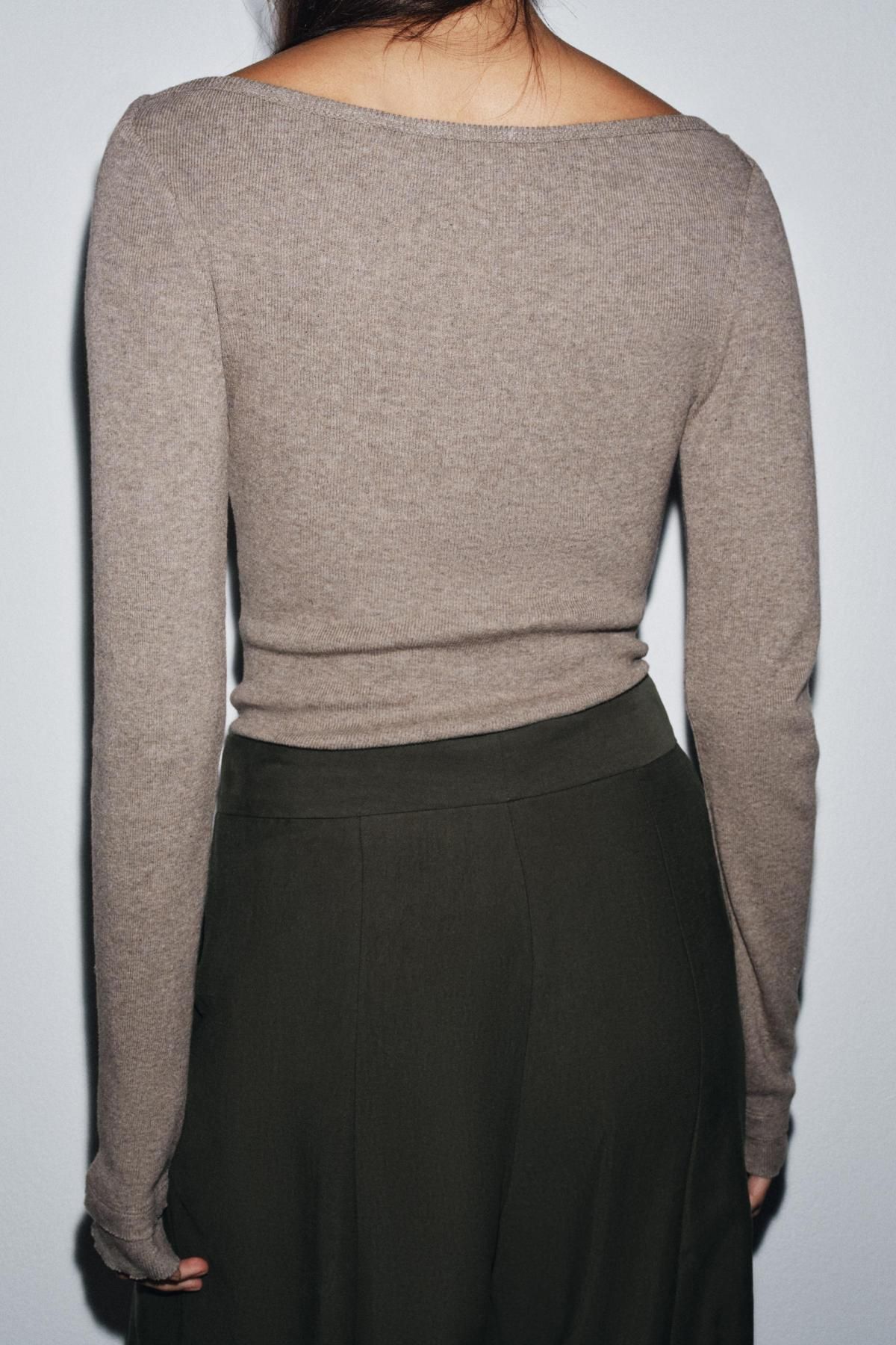 자라 베이직 슬림핏 리브드 보트넥 긴팔 티셔츠 4786/455 KHAKI MARL - 상세 이미지 3