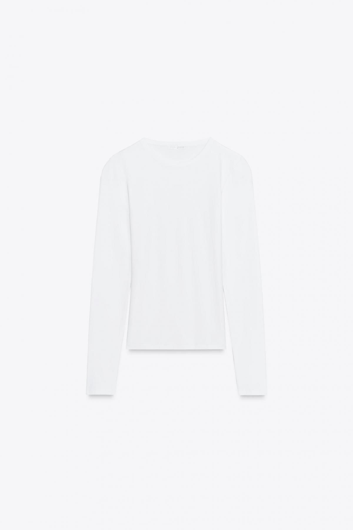 자라 슬림핏 베이직 코튼블렌드 라운드넥 긴팔 티셔츠 4174/832 WHITE - 메인 이미지