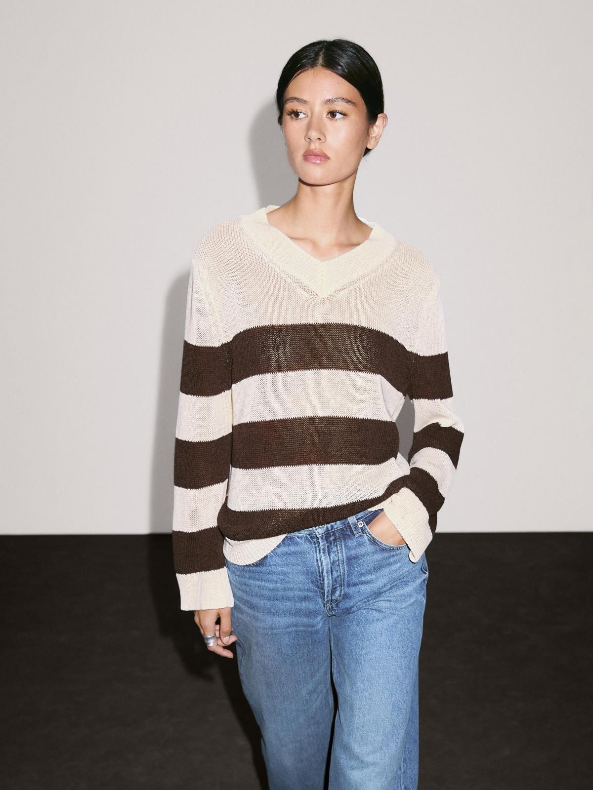 마시모두띠 오버핏 스트라이프 브이넥 니트 스웨터 5790/728 CREAM - 상품 이미지