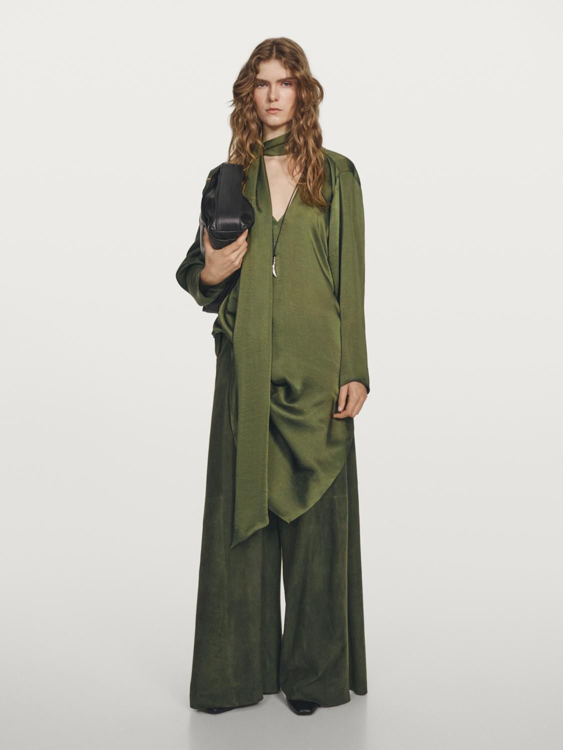 마시모두띠 새틴 롱 브이넥 스카프 블라우스 9307/950 MOSS GREEN - 상세 이미지 2