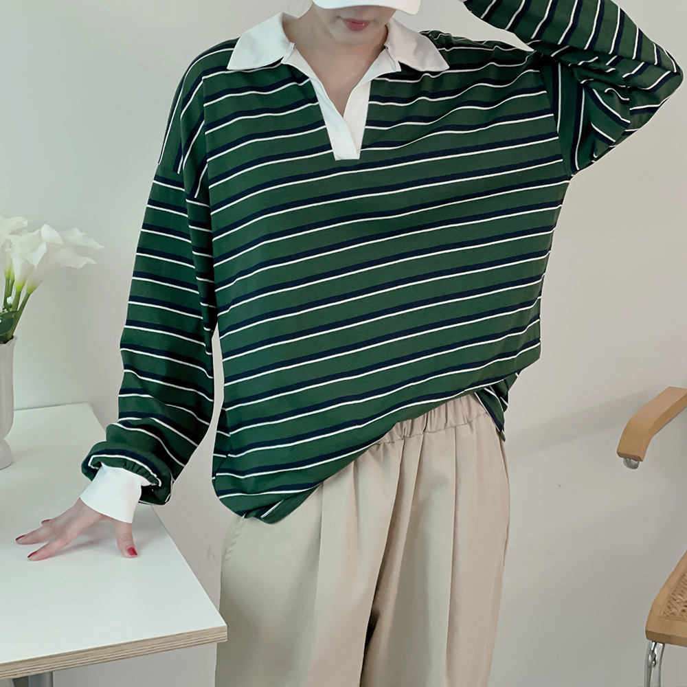 카라맨투맨 스트라이프카라티 럭비티셔츠 얇은 단가라 - 상세 이미지 3
