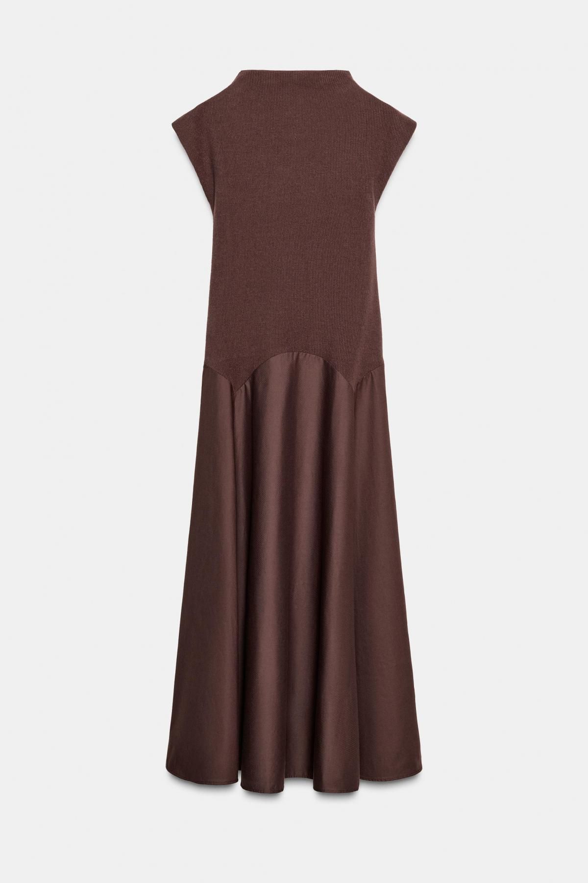 자라 배색 플리츠 하이넥 소프트 니트 미디 원피스 0264/464 DARK BROWN - 메인 이미지