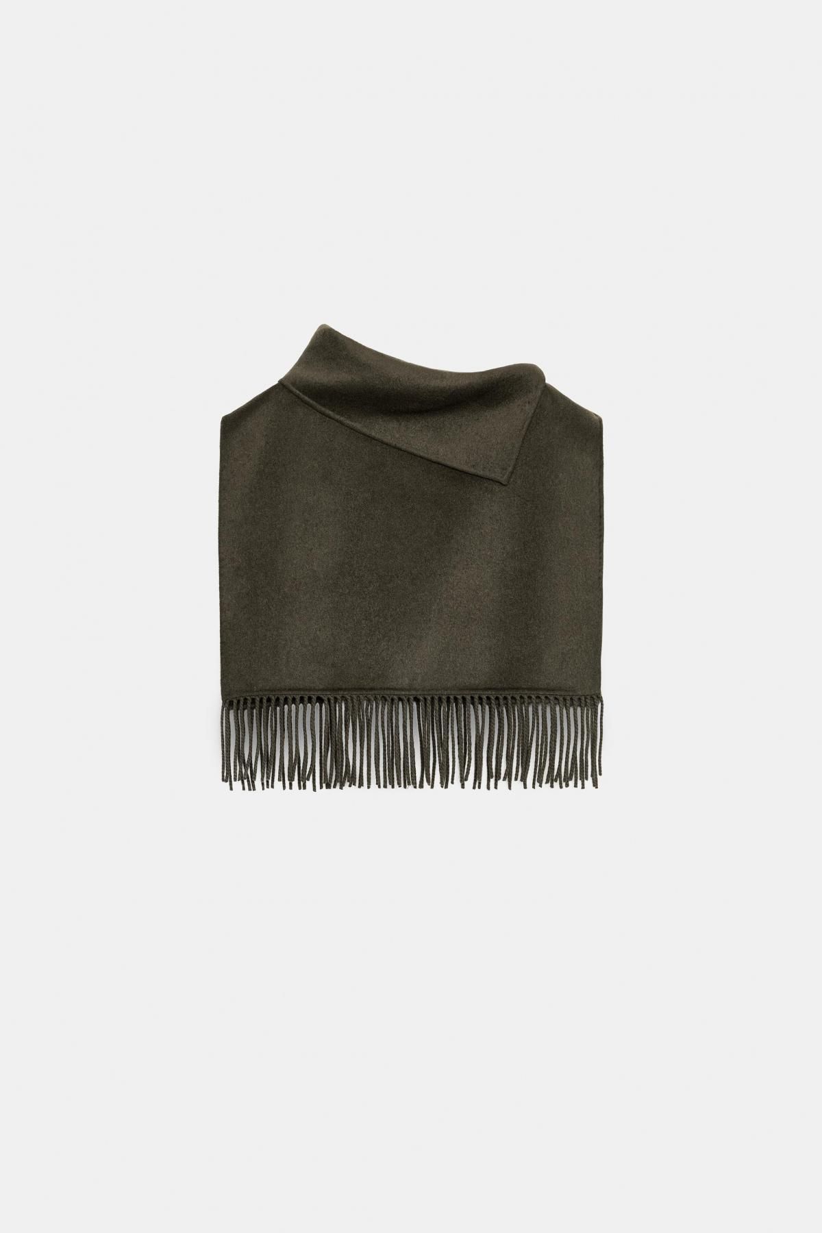 자라 울블렌드 프린지 하이넥 숏 케이프 8491/206 KHAKI - 상품 이미지