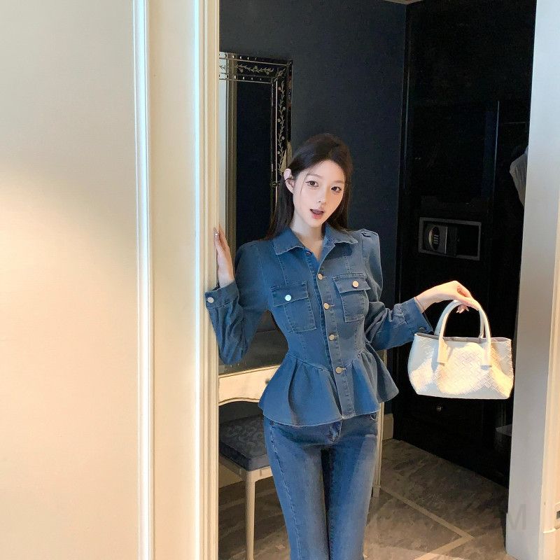 여성 허리라인 슬림핏 워싱 데님 자켓 개더 퍼프소매 긴팔 청자켓 봄 가을 데일리 아우터 - 메인 이미지
