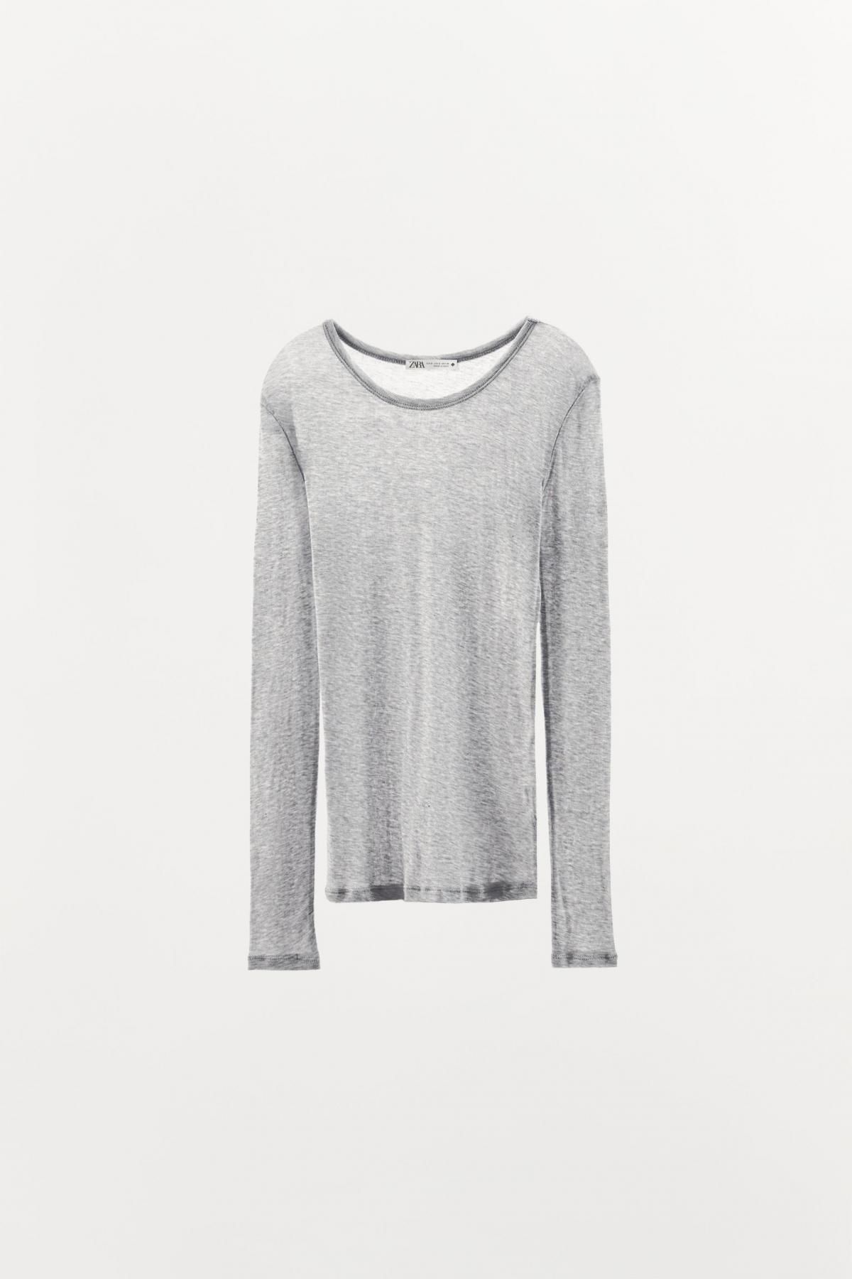 자라 베이직 슬림핏 코튼 라운드넥 긴팔 티셔츠 0264/600 GREY MARL - 메인 이미지