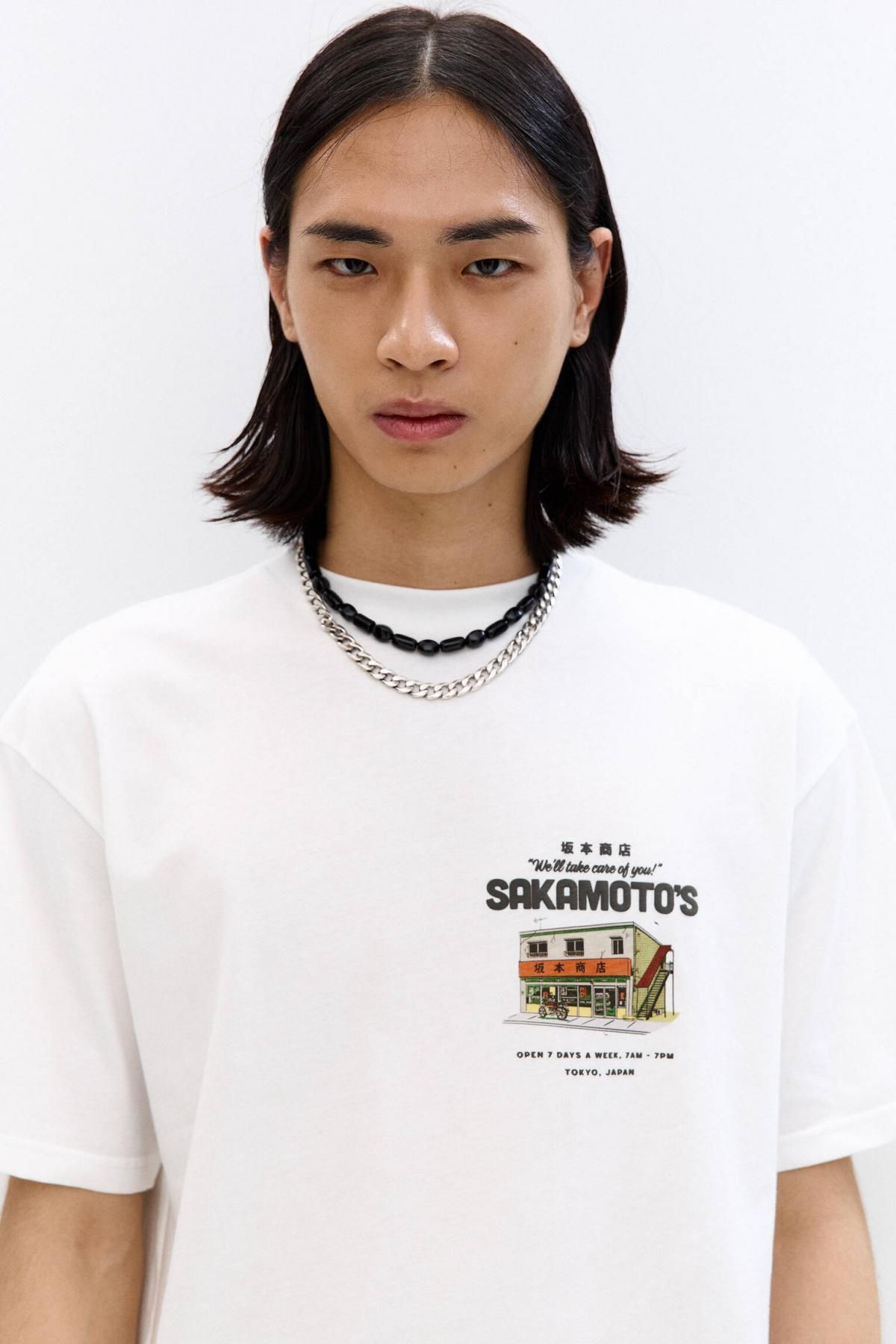 풀앤베어 화이트 사카모토 그래픽 코튼 반팔 티셔츠 7151/592 OFF WHITE - 상세 이미지 5