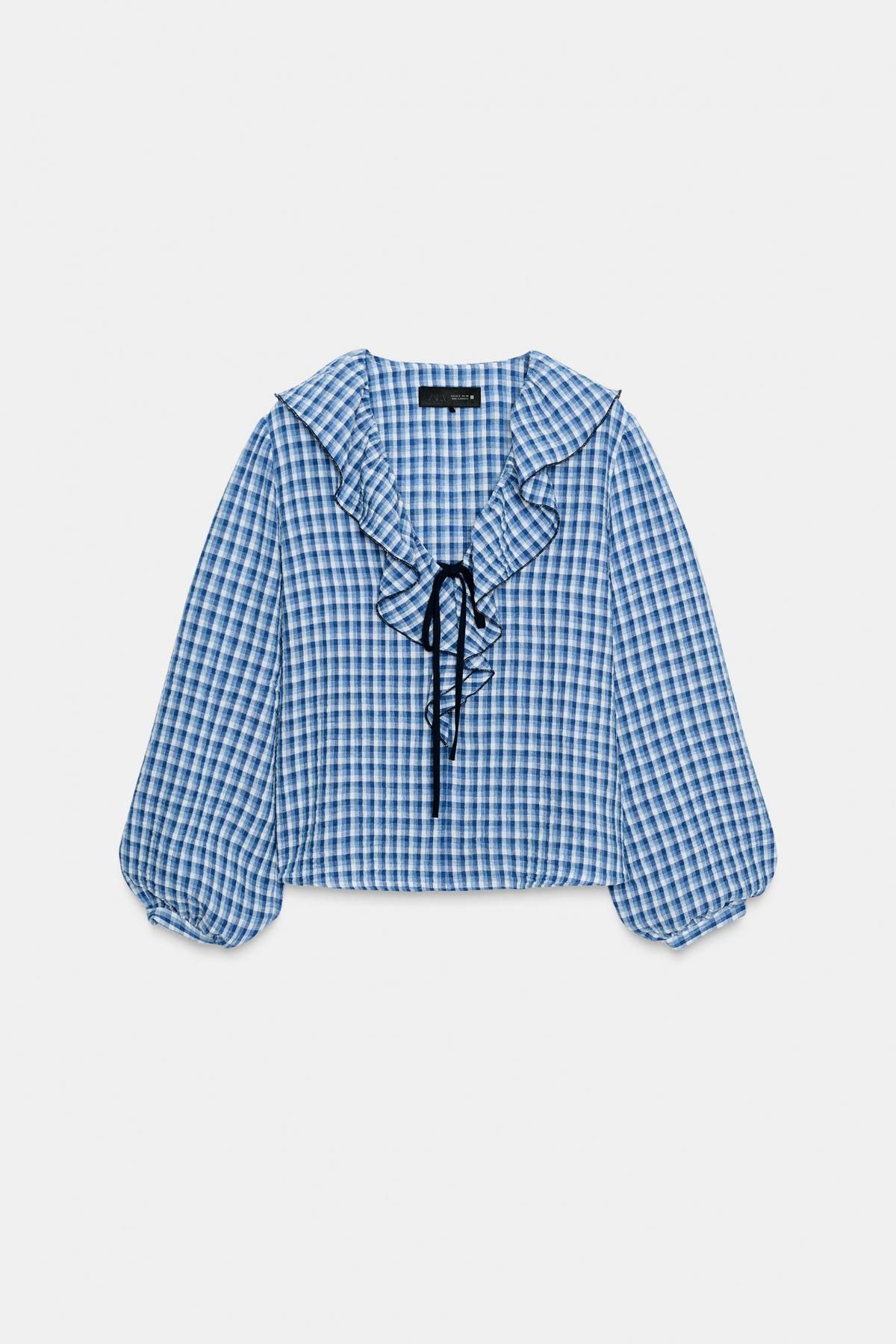 자라 체크 러플 브이넥 리본 블라우스 9226/867 BLUE/WHITE - 메인 이미지