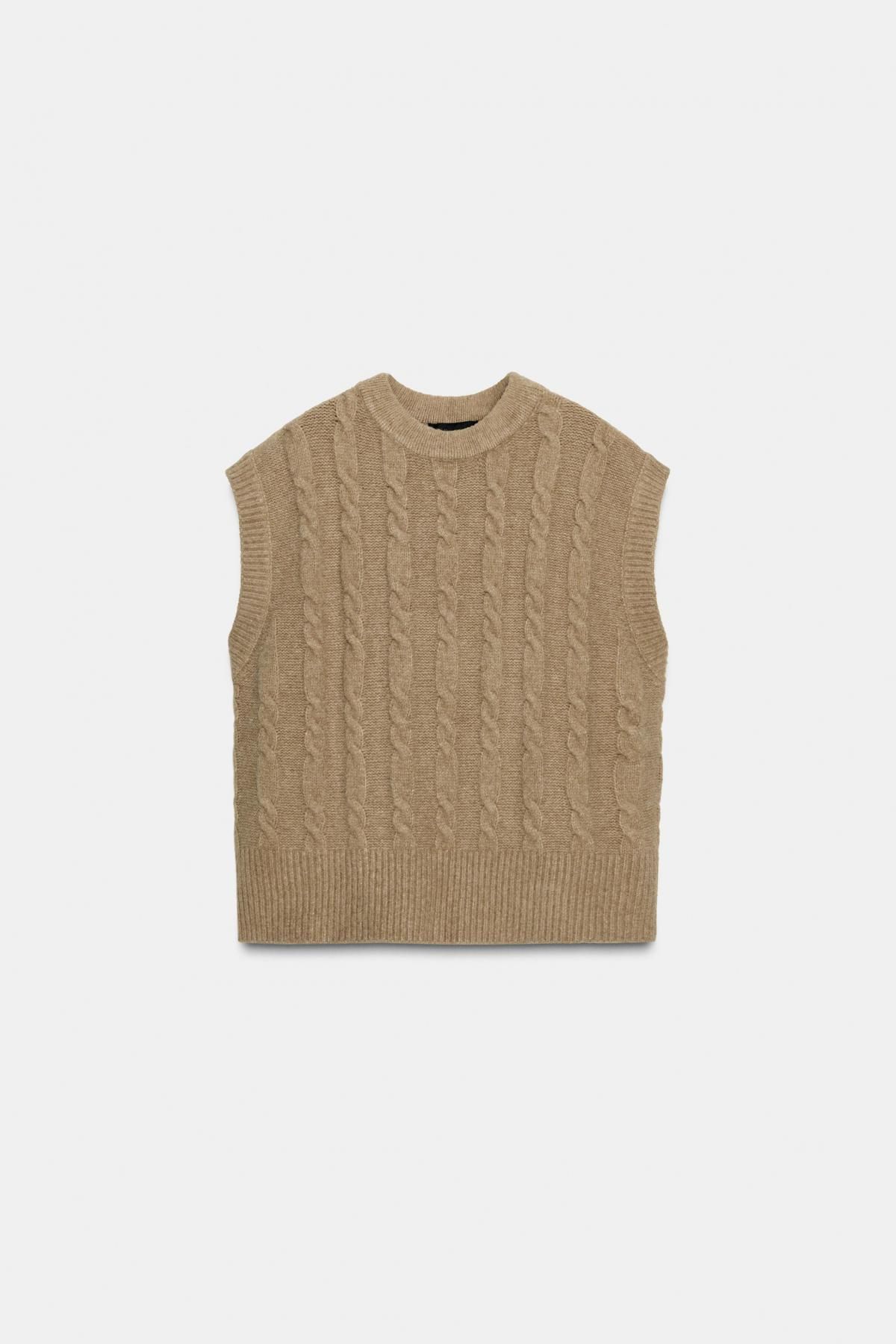 자라 케이블 니트 라운드넥 민소매 베스트 2142/163 LIGHT CAMEL - 상품 이미지